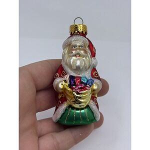 Hand Blown Glass  Santa Green Red Swirls Present Sack Christmas Ornament